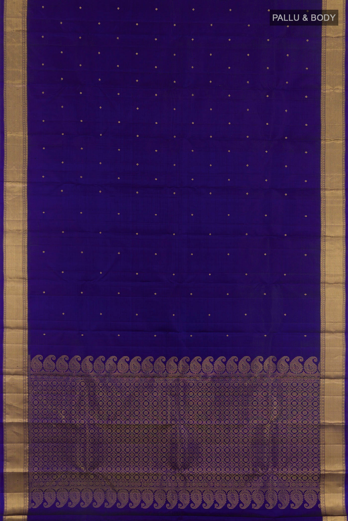 Flat view of Blue Kanjivaram Silk Saree with Zari Butta on the body and Zari Border. 