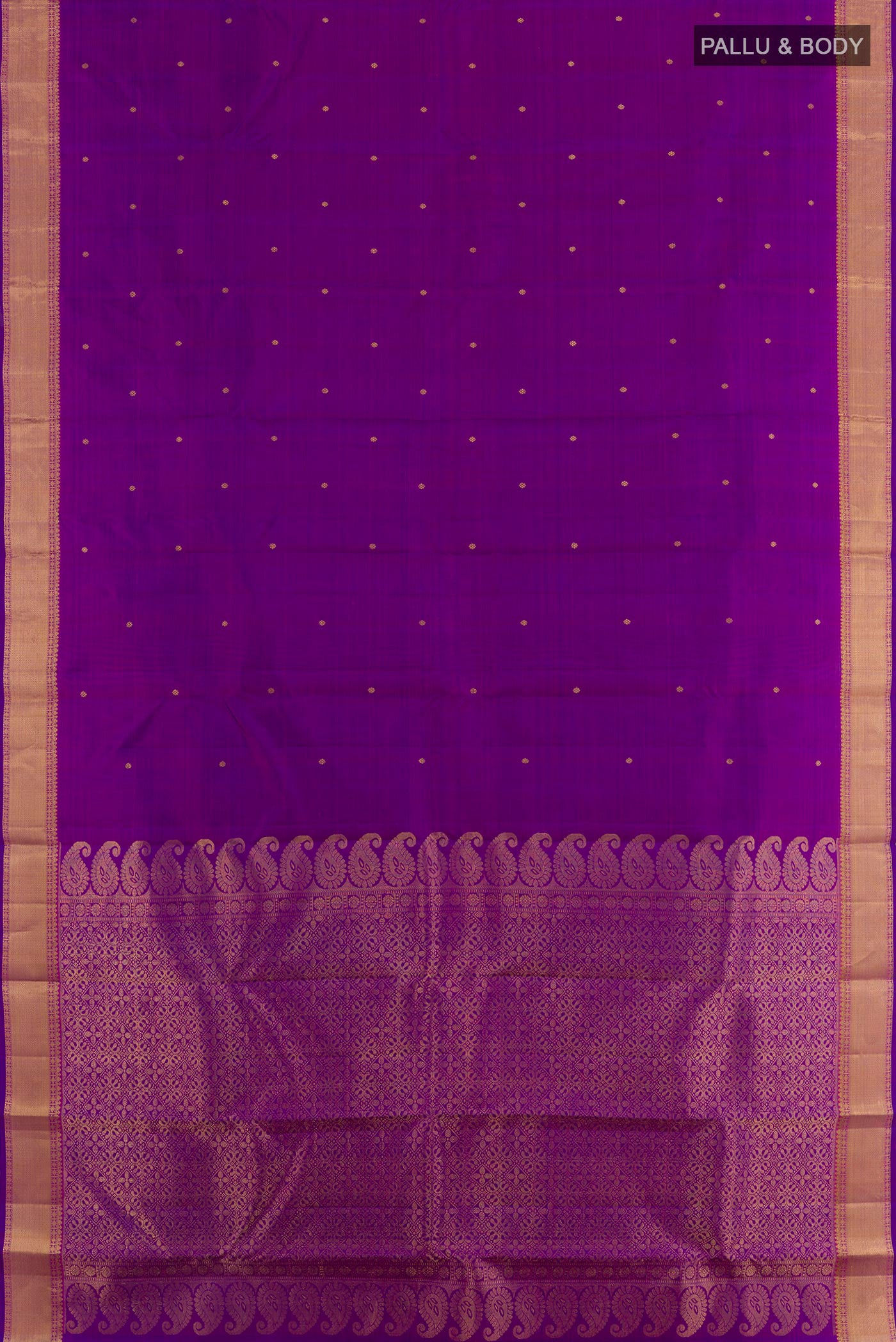 Flat view of Purple Kanjivaram Silk Saree with Zari Butta on the body and Zari Border. 