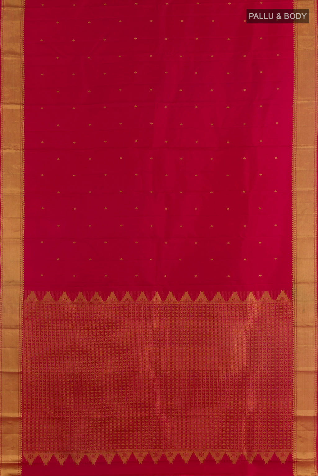 Flat view of Pure Silk Red Kanjivaram Saree with Zari Brocade on the body and Zari Border. 