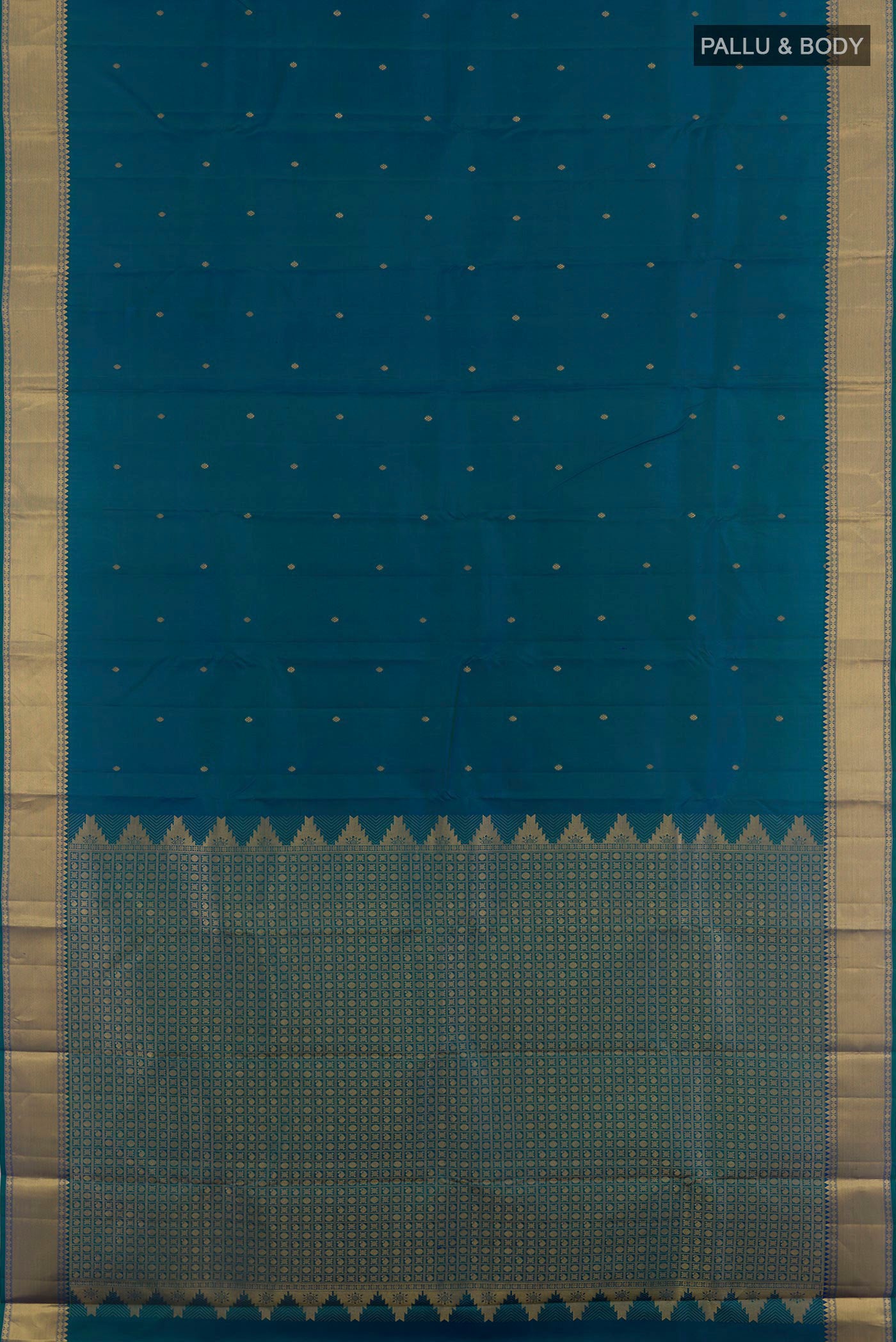 Flat view of Peacock Blue Kanjivaram Silk Saree with Zari Butta on the body and Zari Border. 