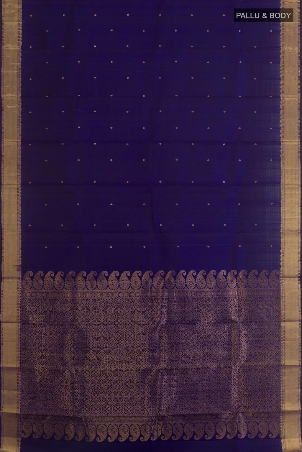 Flat view of Dark Blue Kanjivaram Silk Saree with Zari Butta on the body and Zari Border. 