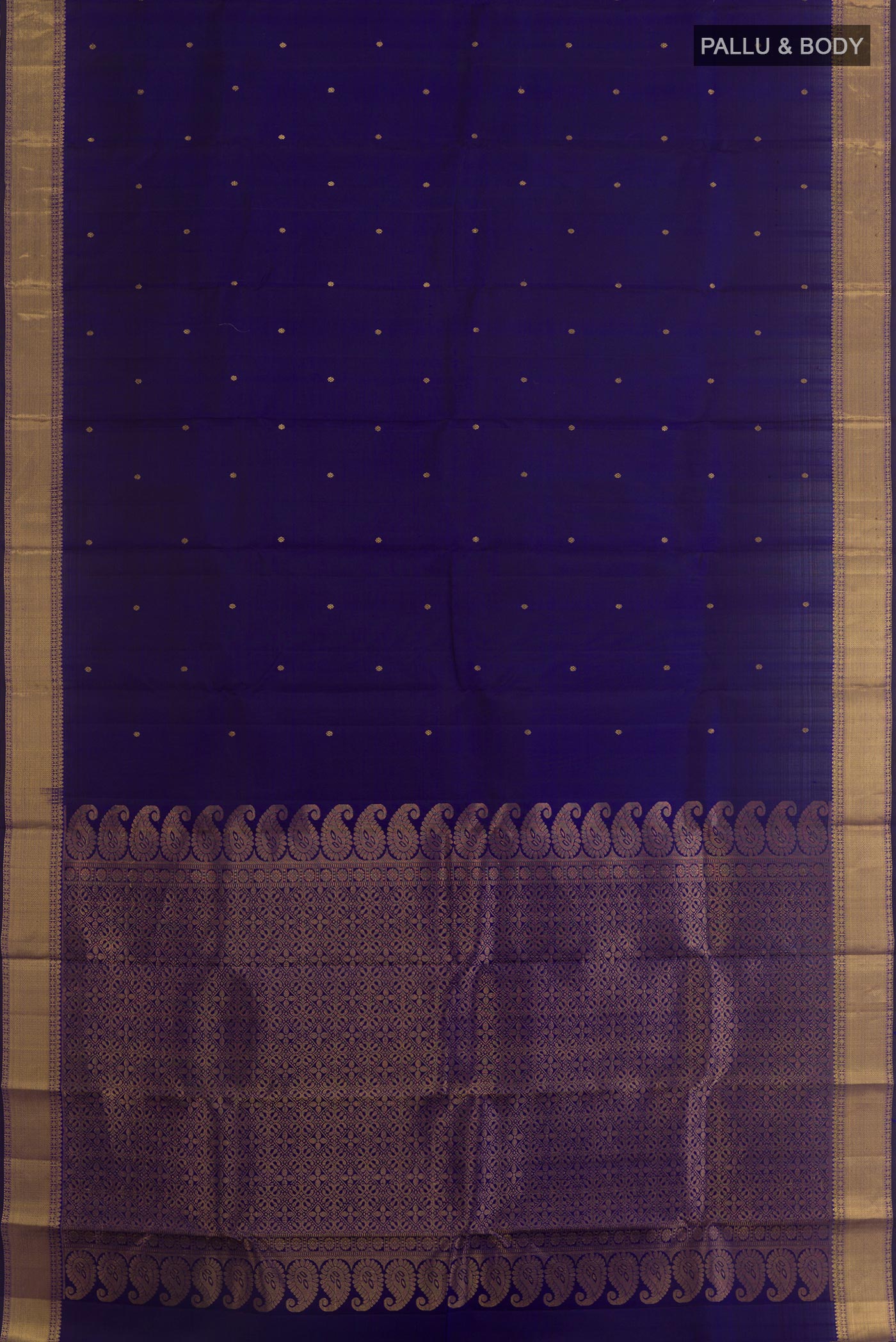 Flat view of Dark Blue Kanjivaram Silk Saree with Zari Butta on the body and Zari Border. 