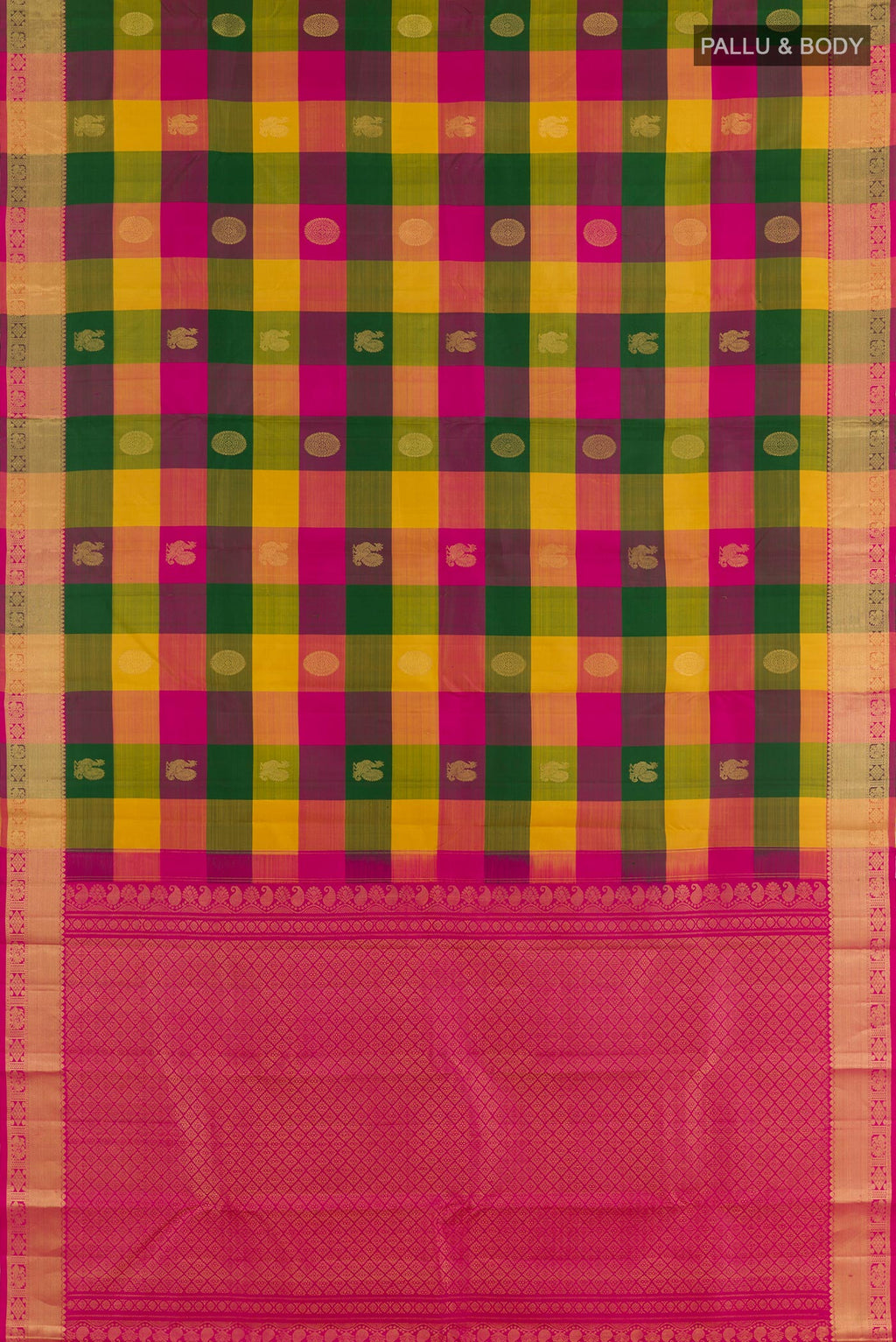 Flat view of Multi Color Kanchipuram Silk Saree with Checked design on the body and Zari Border. 