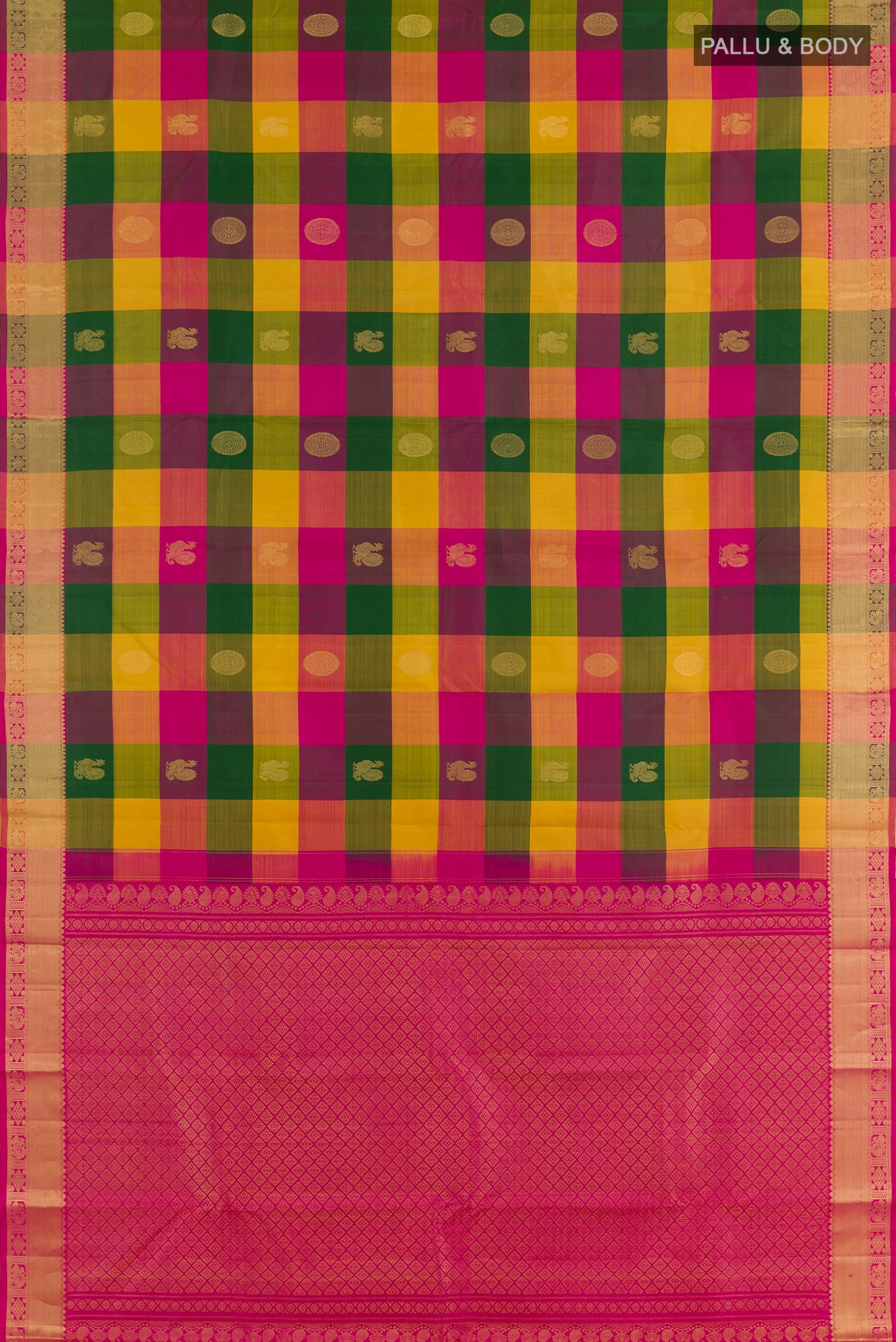 Flat view of Multi Color Kanchipuram Silk Saree with Checked design on the body and Zari Border. 