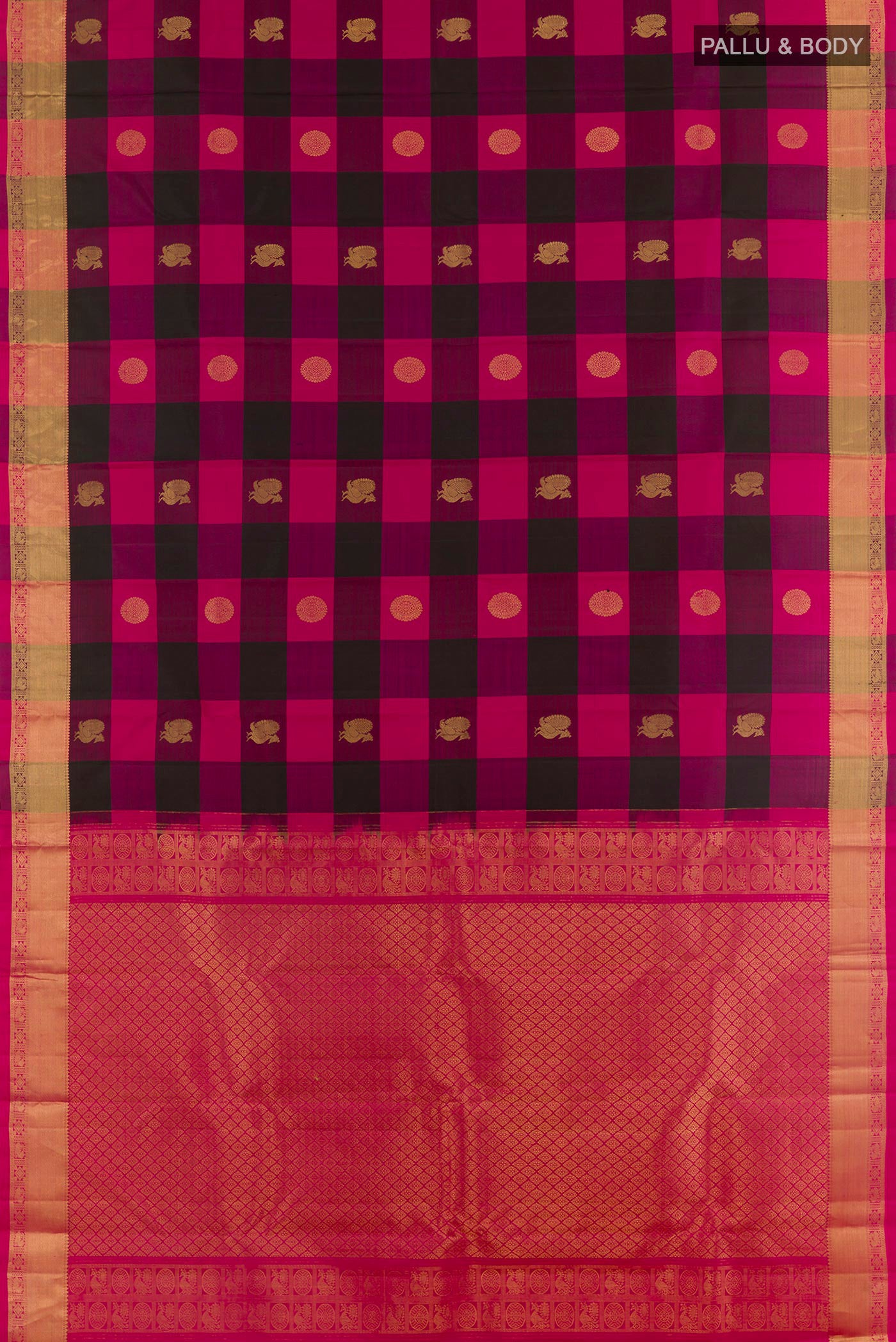 Flat view of Multi Color Kanchipuram Silk Saree with Checked design on the body and Zari Border. 