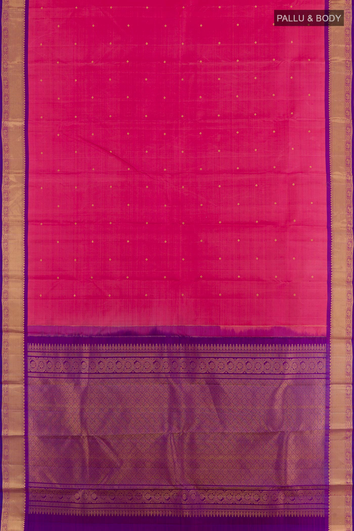 Flat view of Pink Kanchipuram Silk Saree with Zari Butta on the body and Zari Border. 