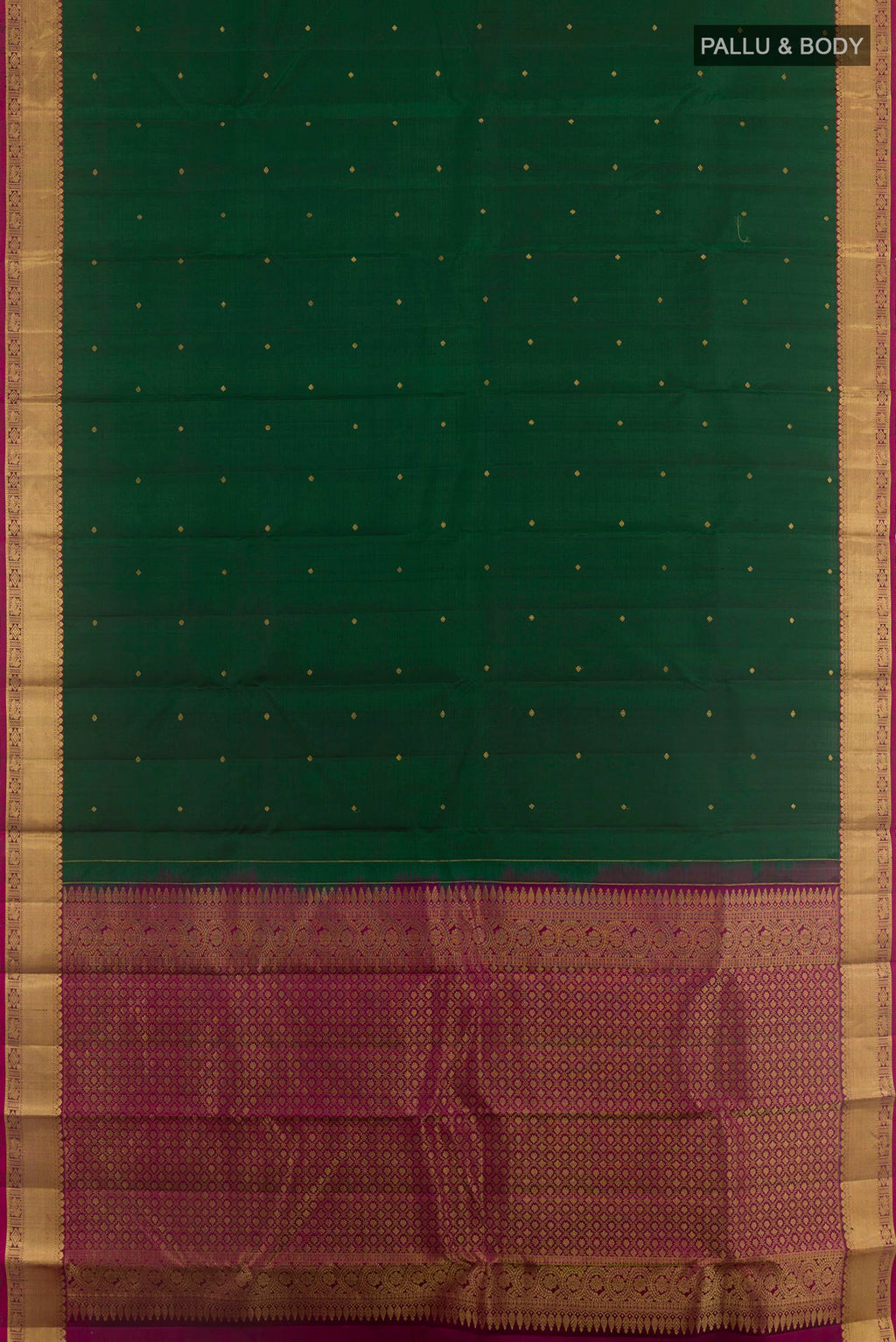 Flat view of Green Kanchipuram Silk Saree with Zari Butta on the body and Zari Border. 
