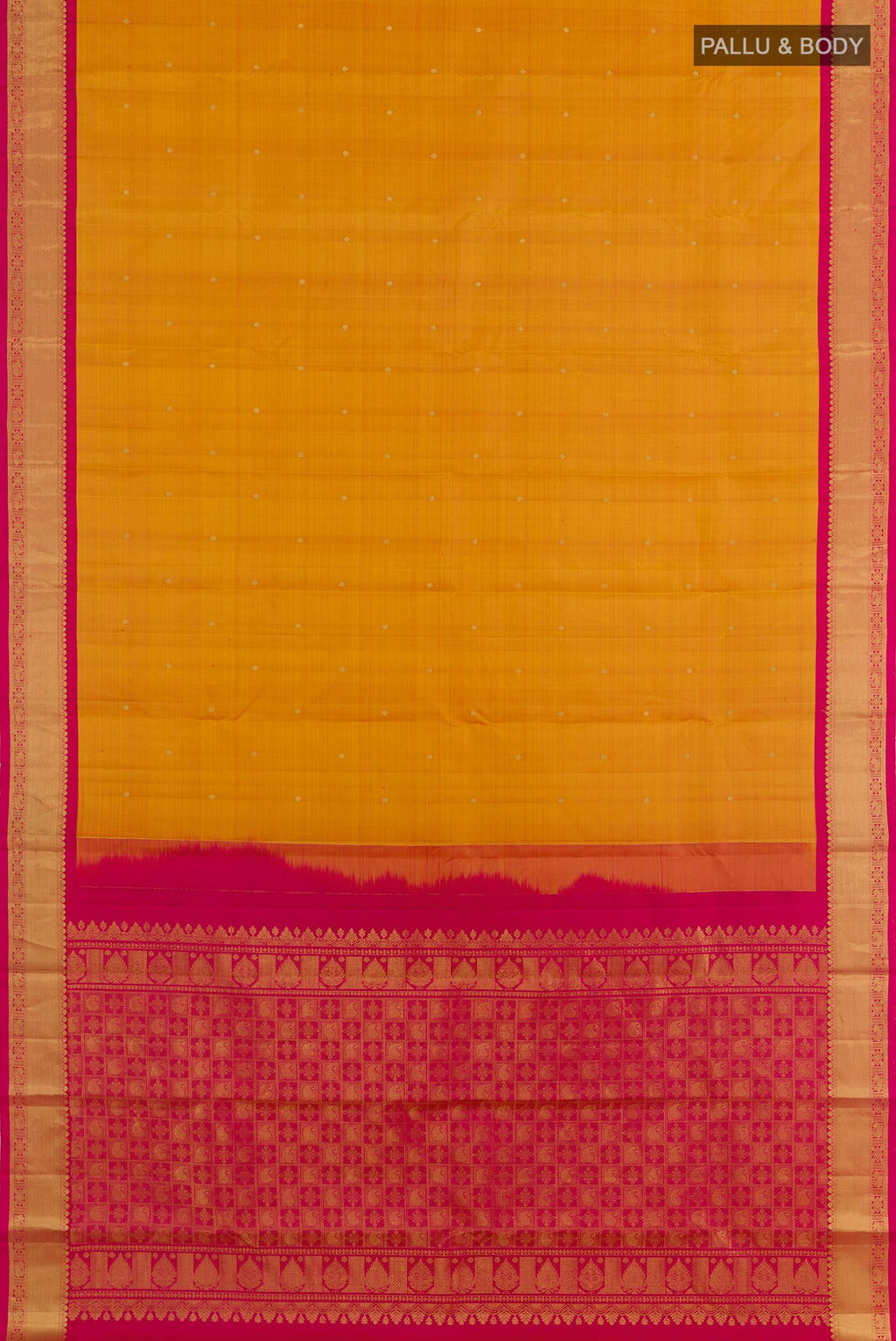 Flat view of Orange Kanchipuram Silk Saree with Zari Butta on the body and Zari Border. 