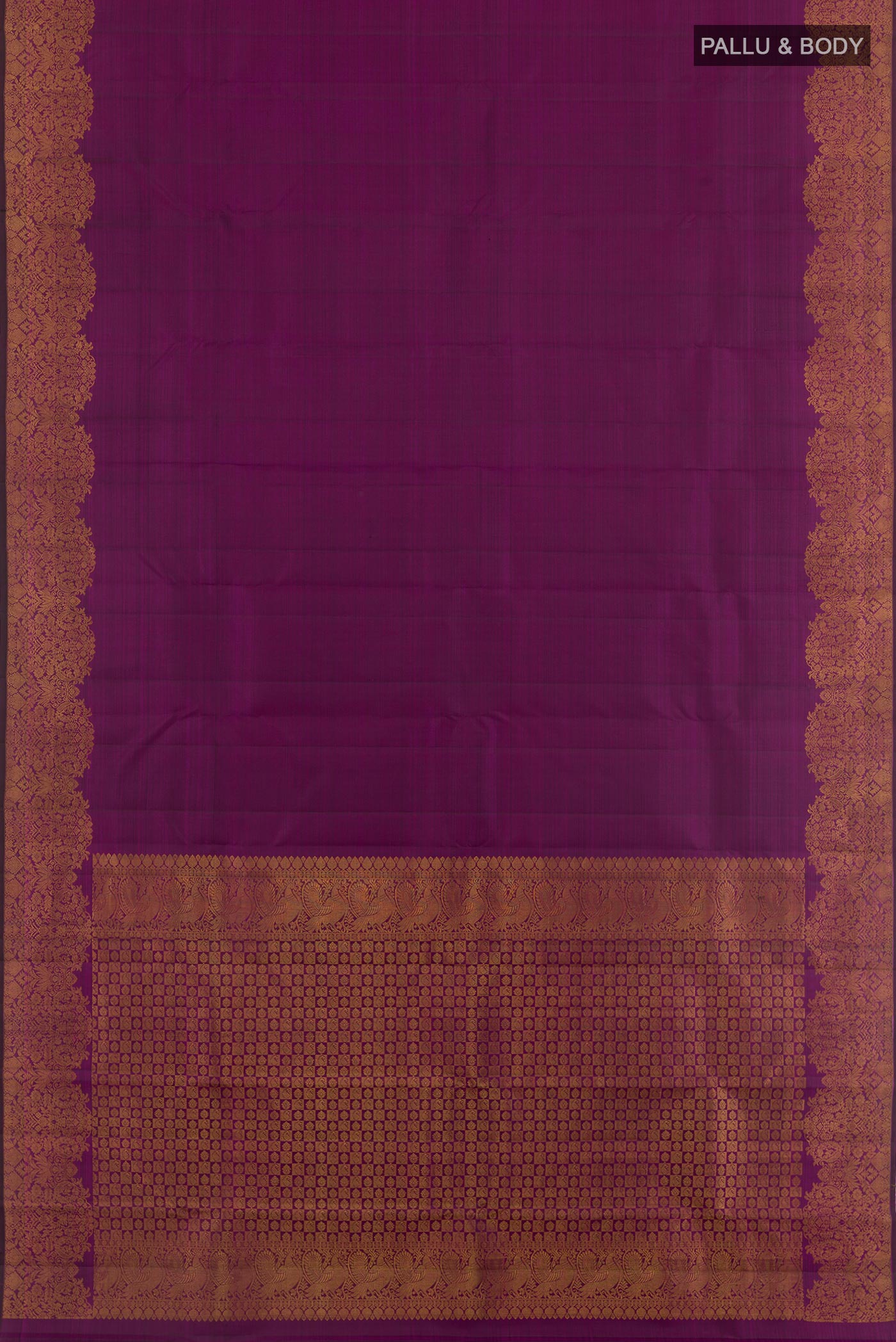 Flat view of Purple Kanchipuram Silk Saree with Plain Body and Zari Border. 