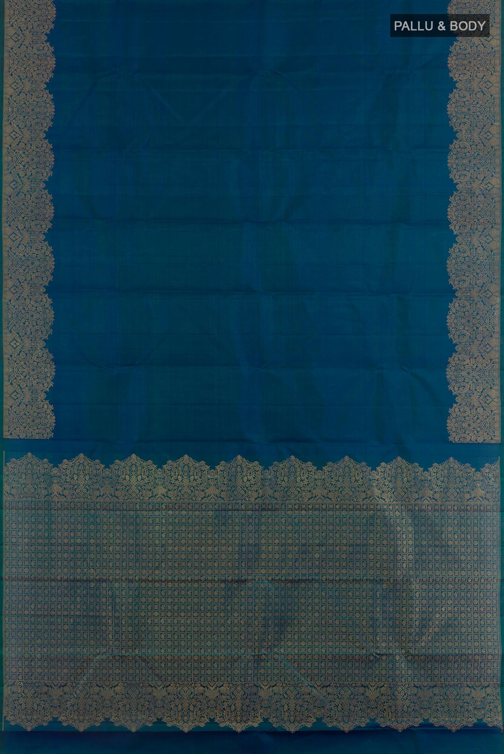 Flat view of Peacock Blue Kanchipuram Silk Saree with Plain Body and Zari Border. 