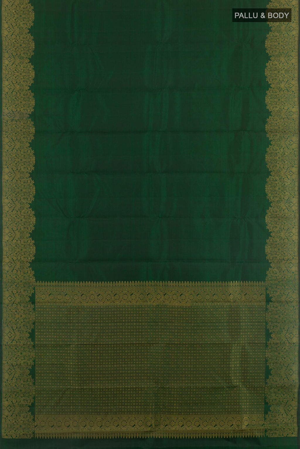 Flat view of Green Kanchipuram Silk Saree with Plain Body and Zari Border. 