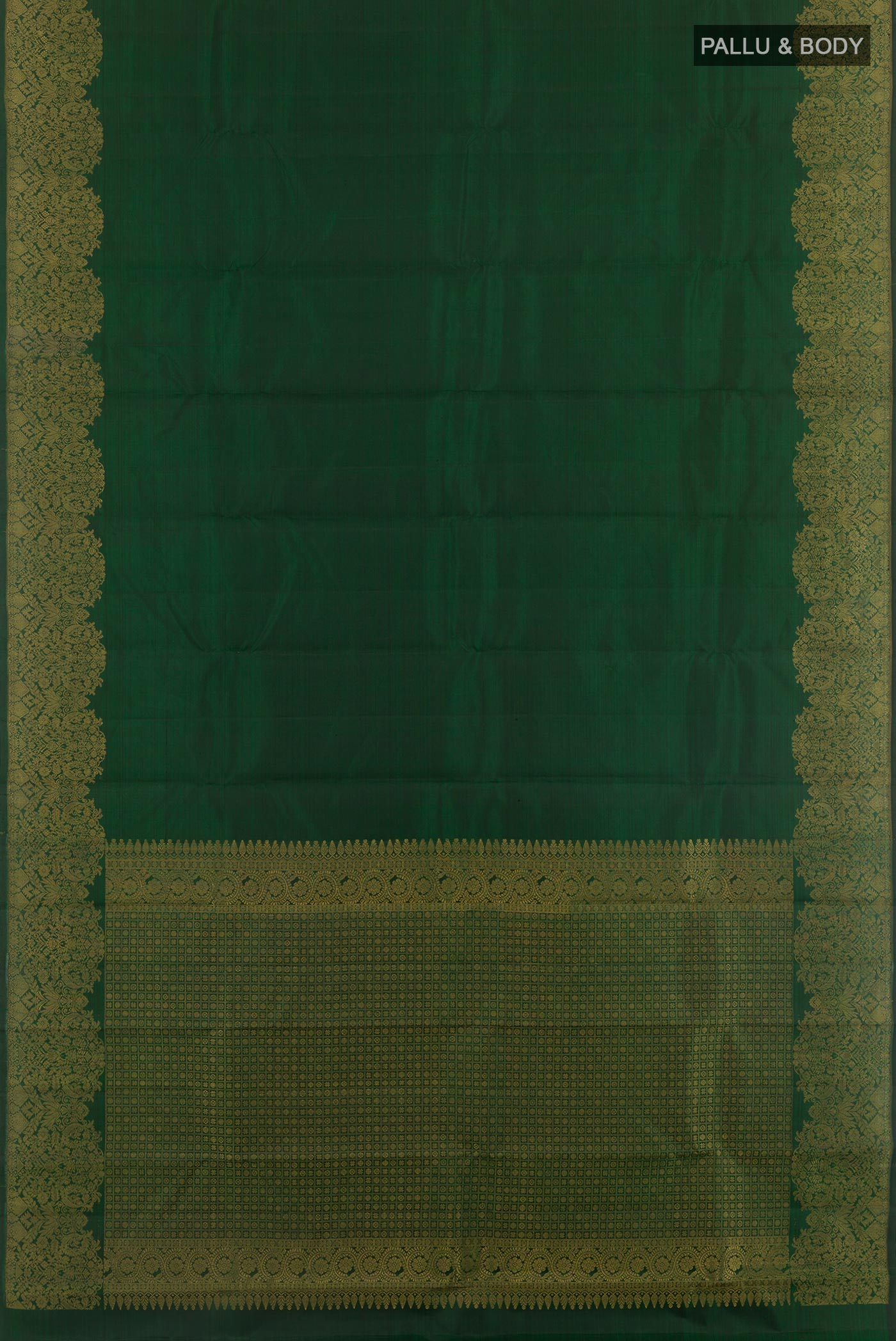 Flat view of Green Kanchipuram Silk Saree with Plain Body and Zari Border. 