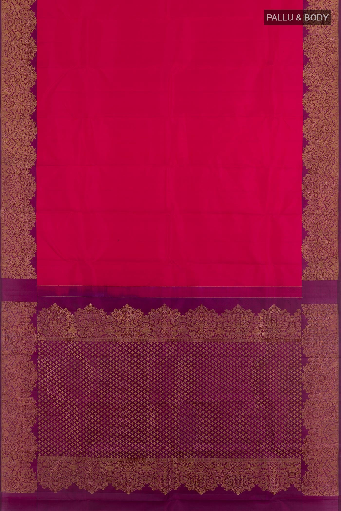 Flat view of Pink Kanchipuram Silk Saree with Plain Body and Zari Border. 
