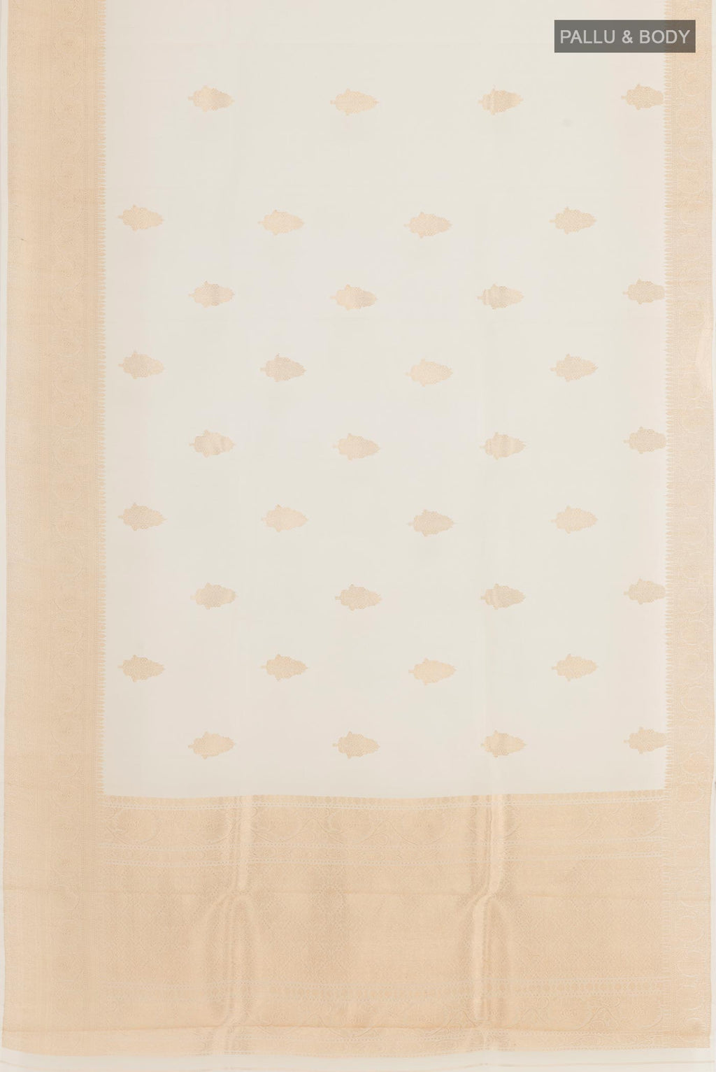 Flat view of Off White Organza Silk Saree with Zari Butta on the body and Zari Border. 