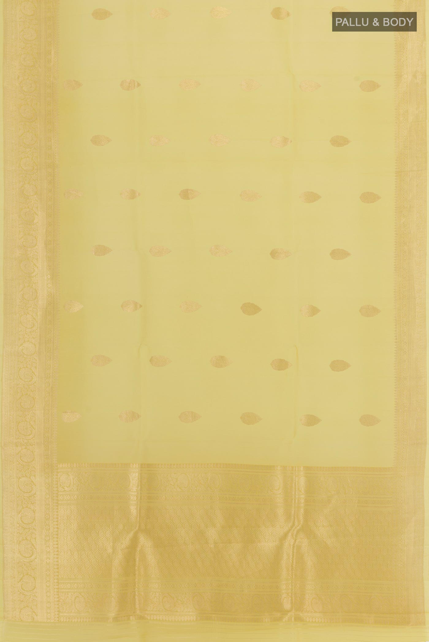 Flat view of Yellow Organza Silk Saree with Zari Butta on the body and Zari Border. 