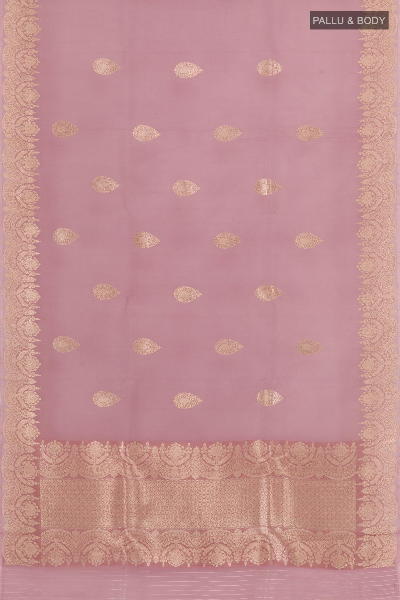 Flat view of Lavender Organza Silk Saree with Zari Butta on the body and Zari Border. 