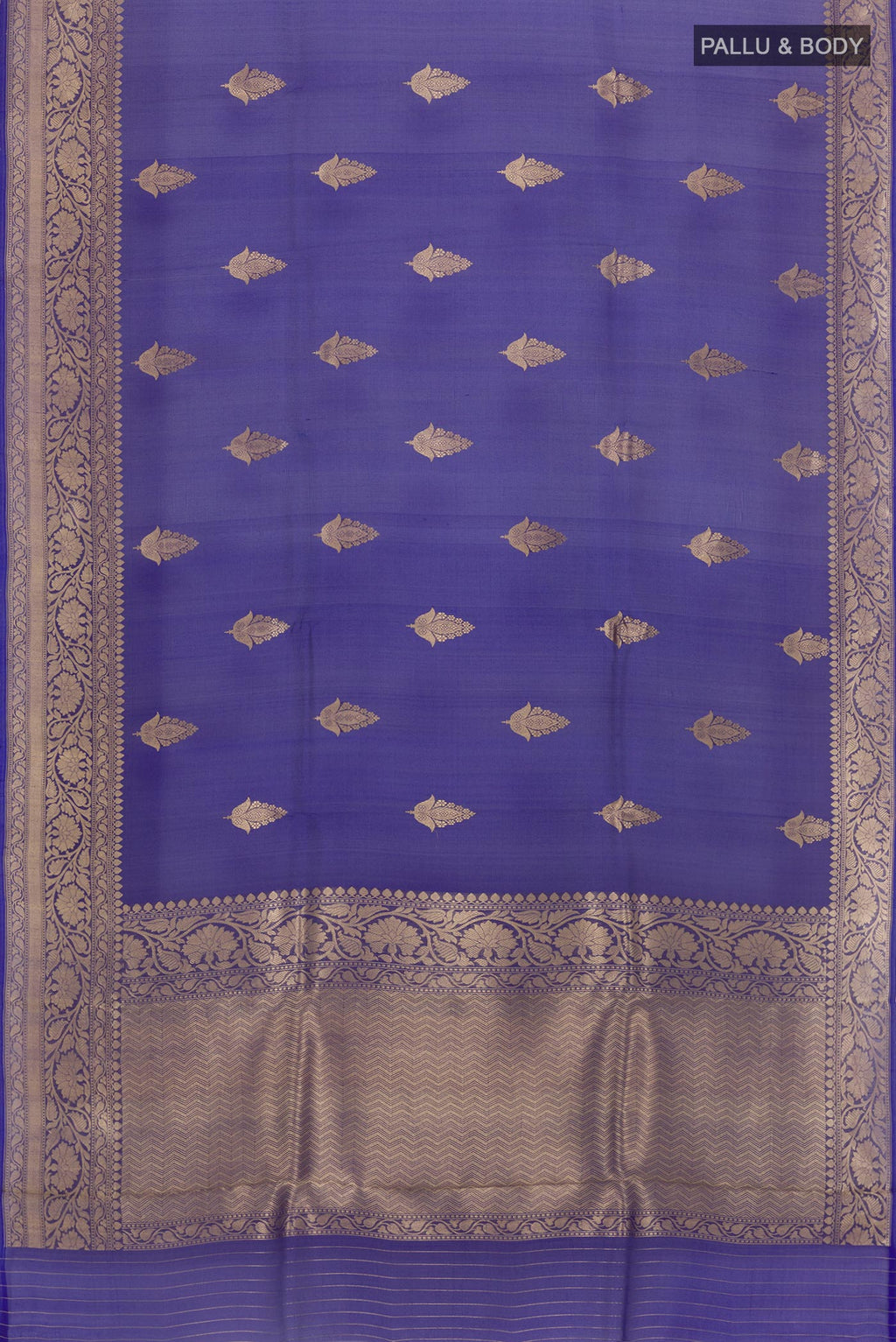 Flat view of Blue Organza Silk Saree with Zari Butta on the body and Zari Border. 