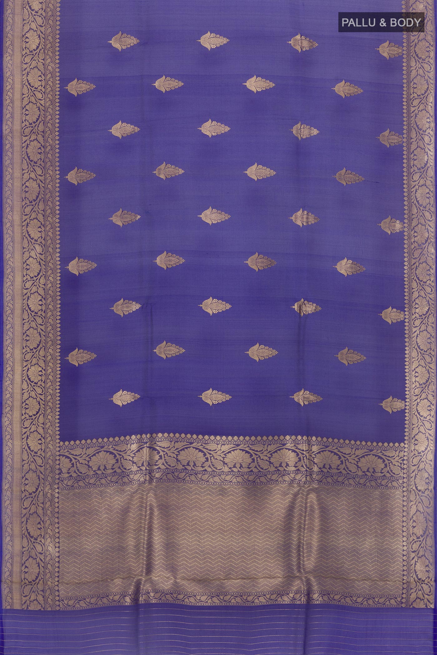 Flat view of Blue Organza Silk Saree with Zari Butta on the body and Zari Border. 
