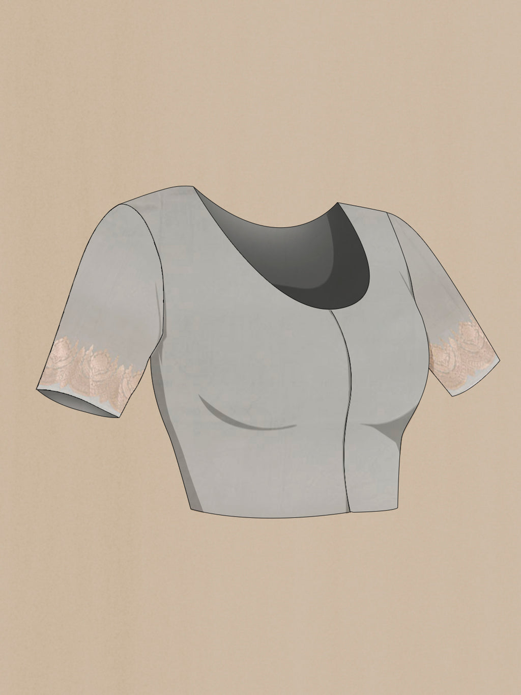 Close up image of the blouse of Grey Organza Silk Saree with Zari Butta on the body and Zari Border. 