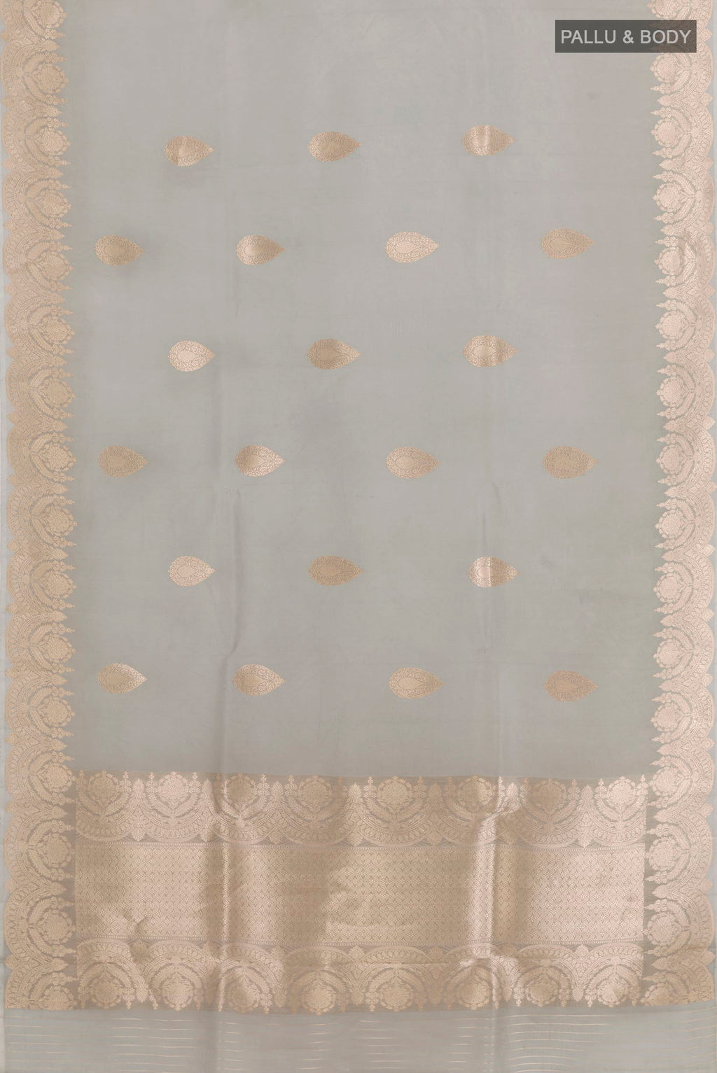 Flat view of Grey Organza Silk Saree with Zari Butta on the body and Zari Border. 