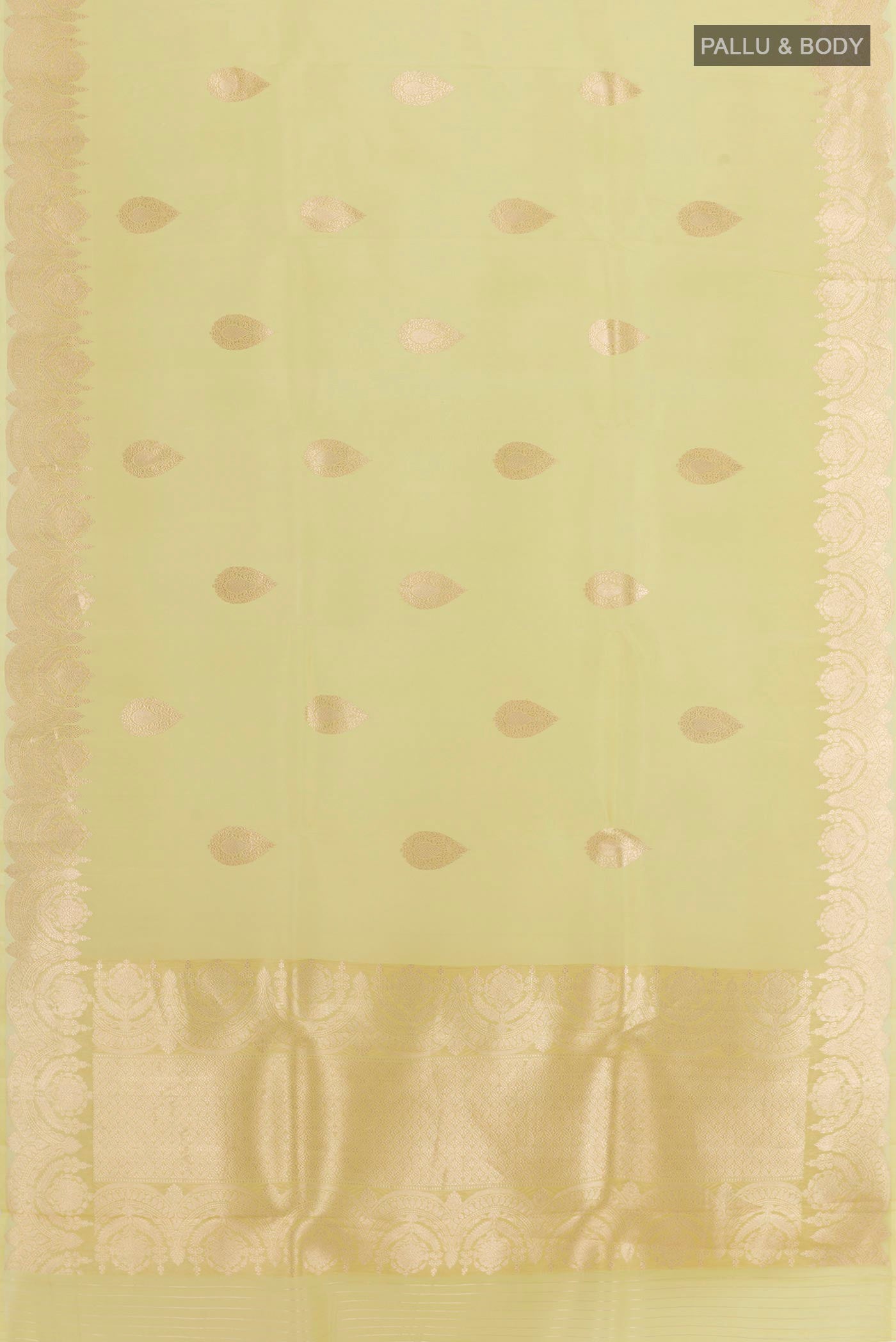 Flat view of Green Organza Silk Saree with Zari Butta on the body and Zari Border. 