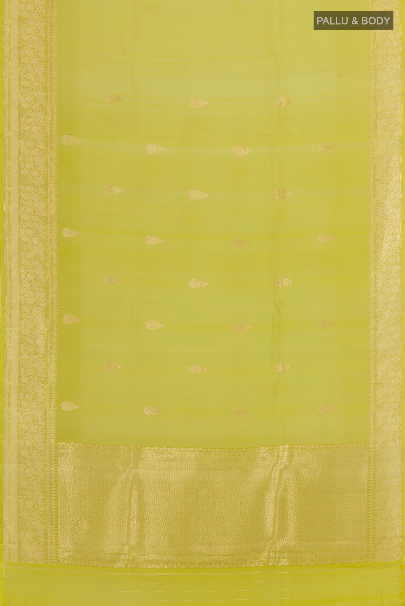 Flat view of Green Organza Silk Saree with Zari Butta on the body and Zari Border. 