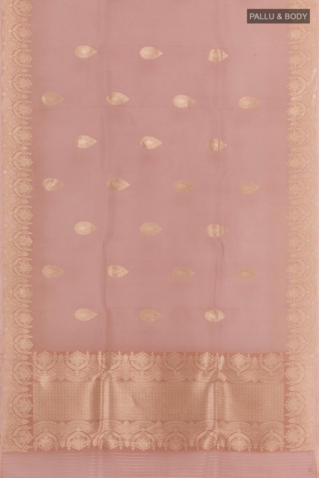 Flat view of Lavender Organza Silk Saree with Zari Butta on the body and Zari Border. 
