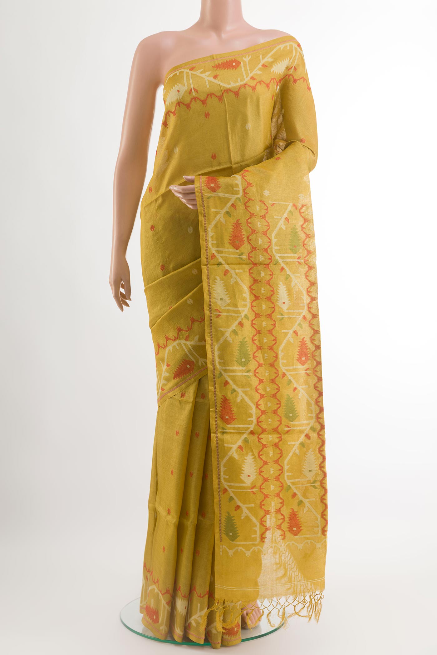 Yellow Tussar Saree with Thread Butta on the body and Embroidery Border.  displayed on a mannequin