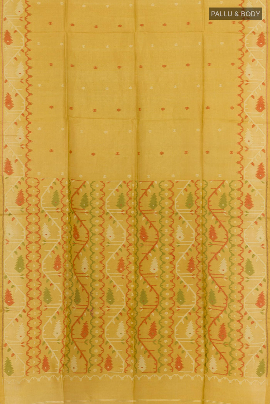 Flat view of Yellow Tussar Saree with Thread Butta on the body and Embroidery Border. 