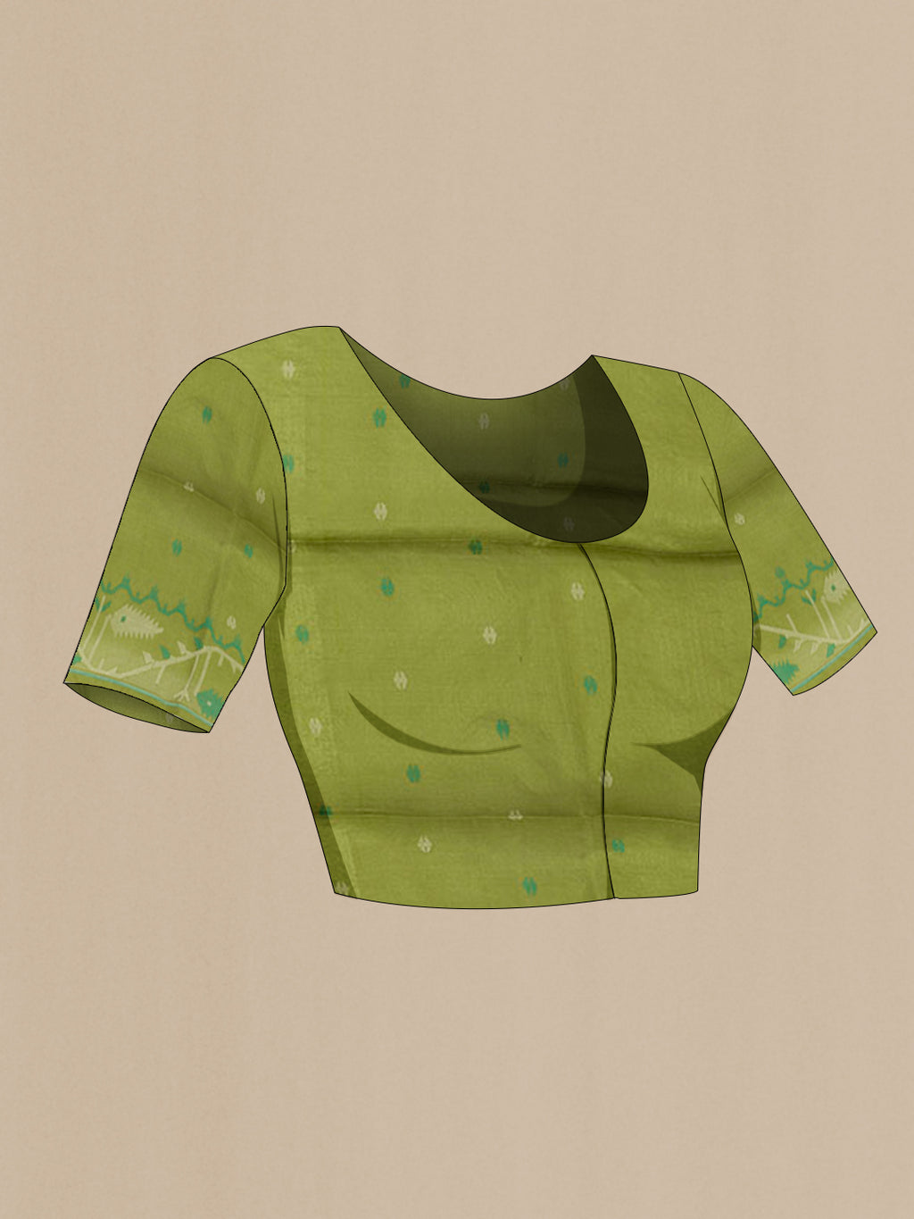 Close up image of the blouse of Green Tussar Saree with Thread Butta on the body and Embroidery Border. 