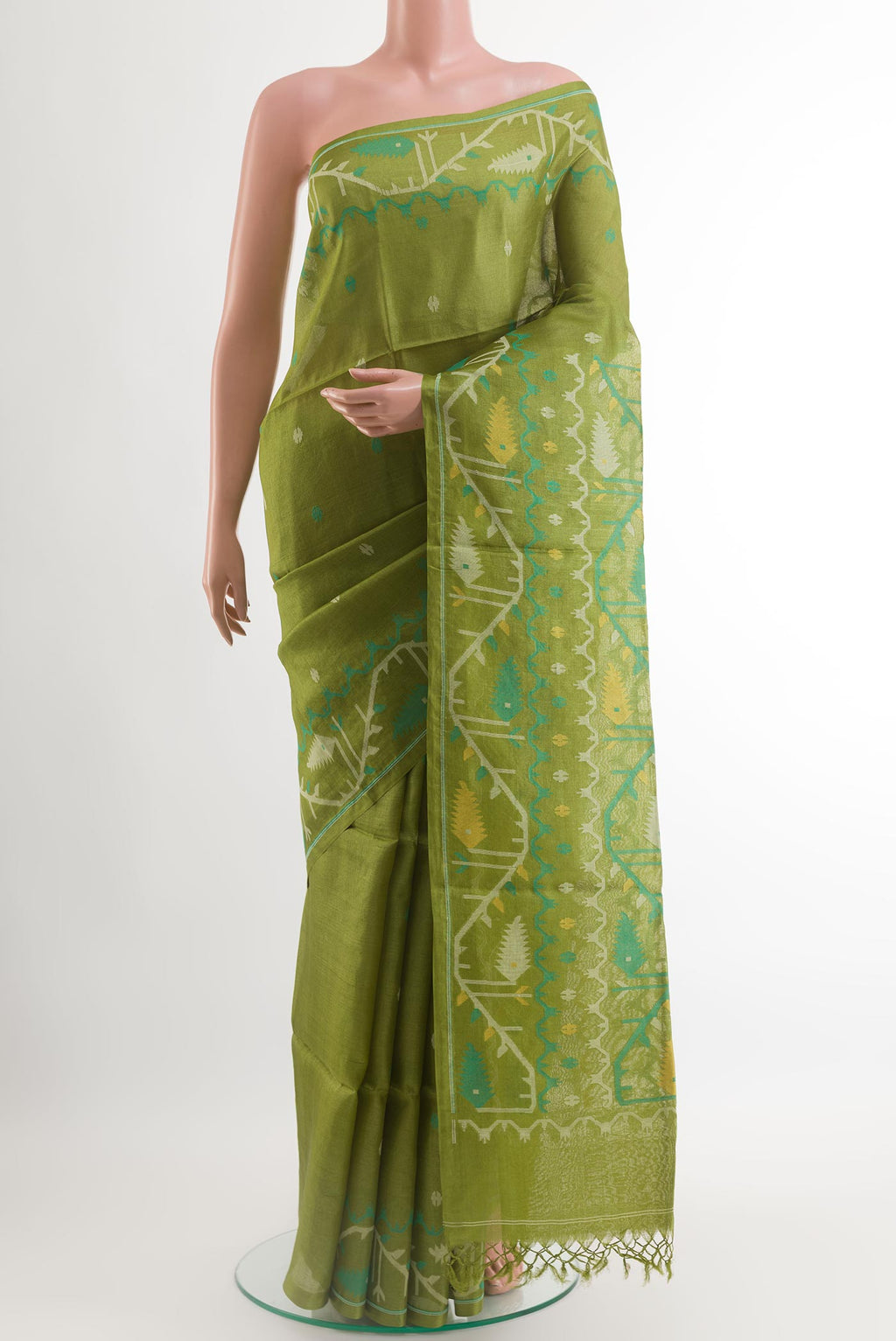 Green Tussar Saree with Thread Butta on the body and Embroidery Border.  displayed on a mannequin