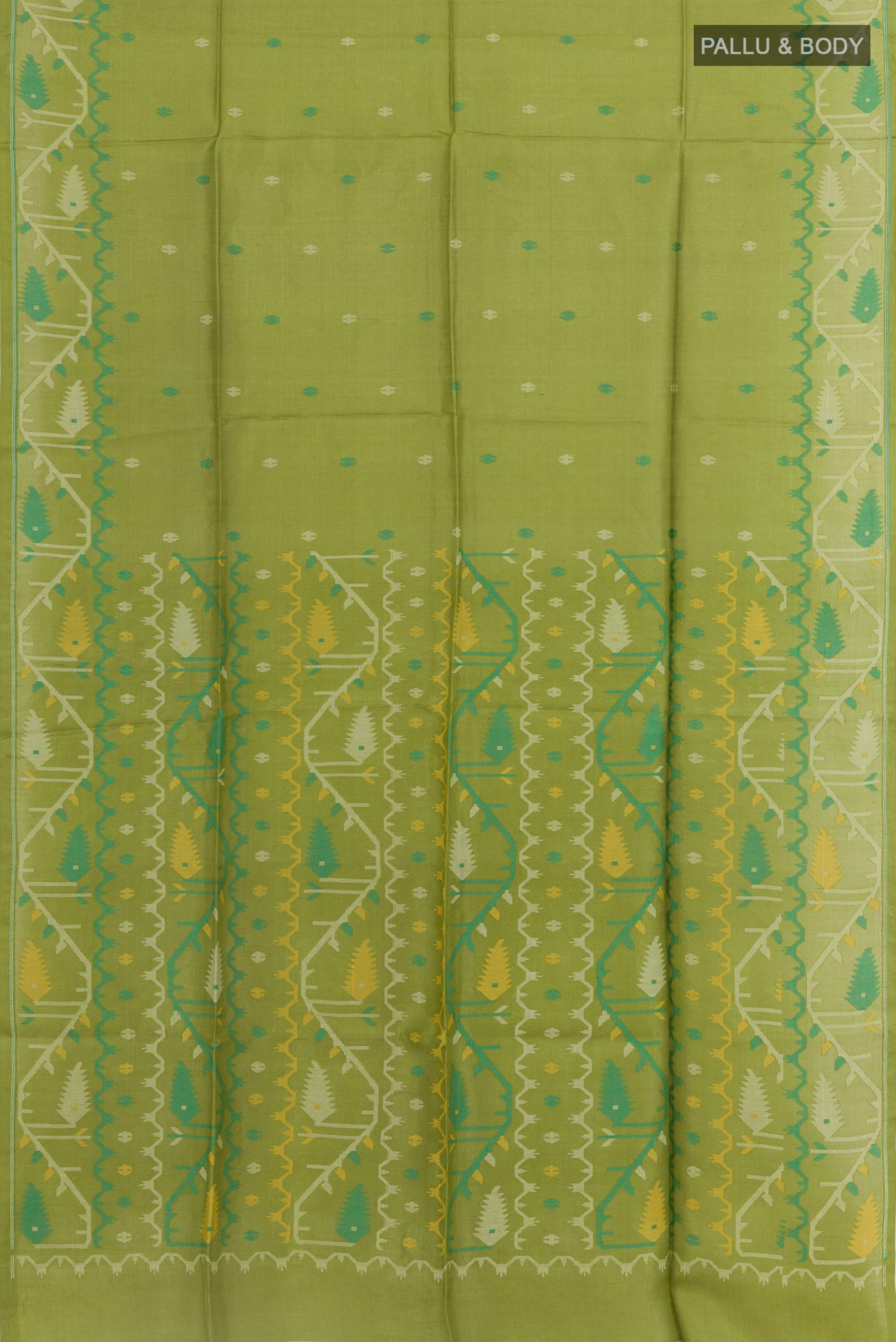 Flat view of Green Tussar Saree with Thread Butta on the body and Embroidery Border. 