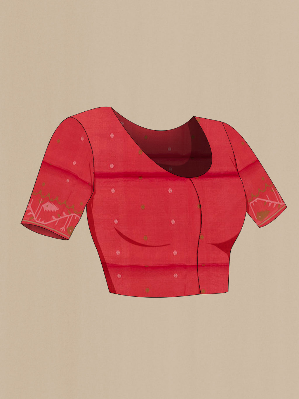 Close up image of the blouse of Red Tussar Saree with Thread Butta on the body and Embroidery Border. 