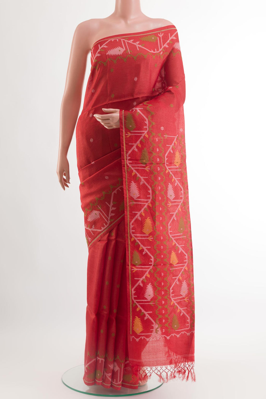 Red Tussar Saree with Thread Butta on the body and Embroidery Border.  displayed on a mannequin