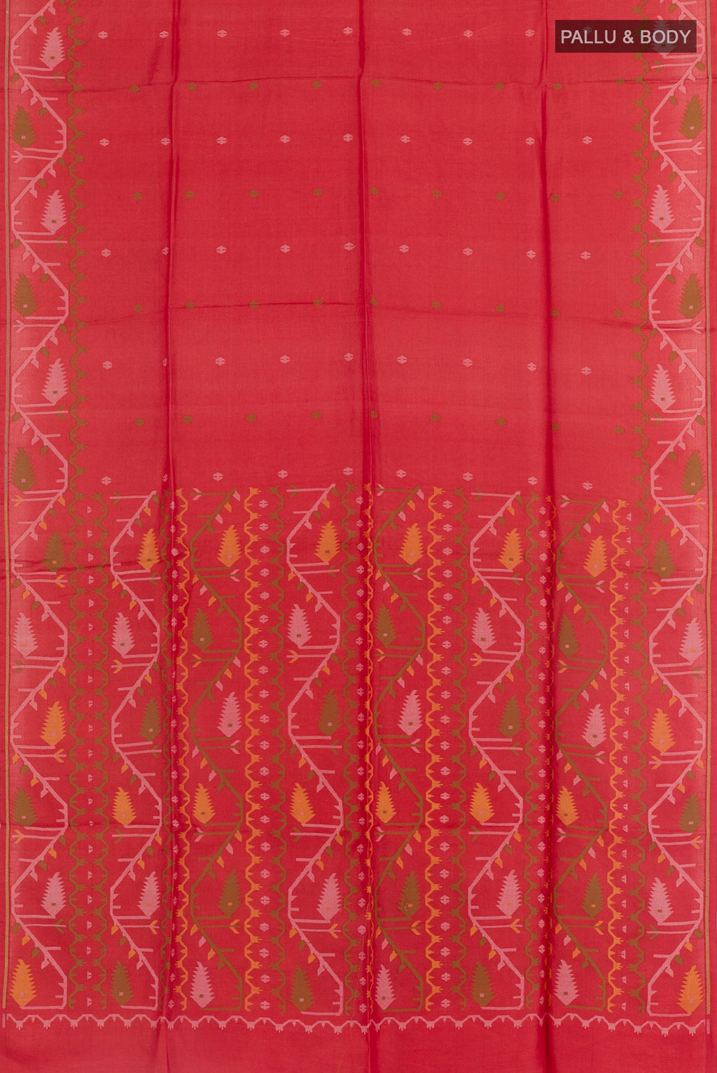 Flat view of Red Tussar Saree with Thread Butta on the body and Embroidery Border. 