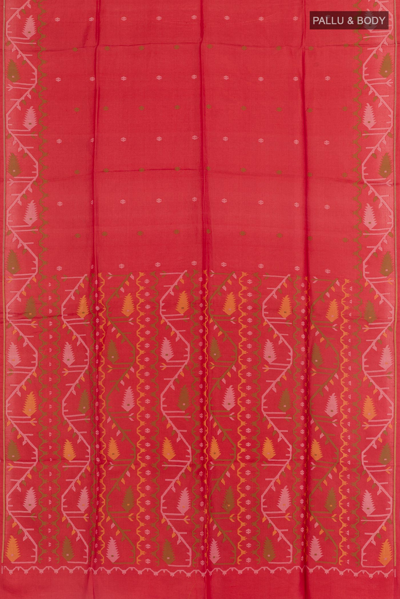 Flat view of Red Tussar Saree with Thread Butta on the body and Embroidery Border. 