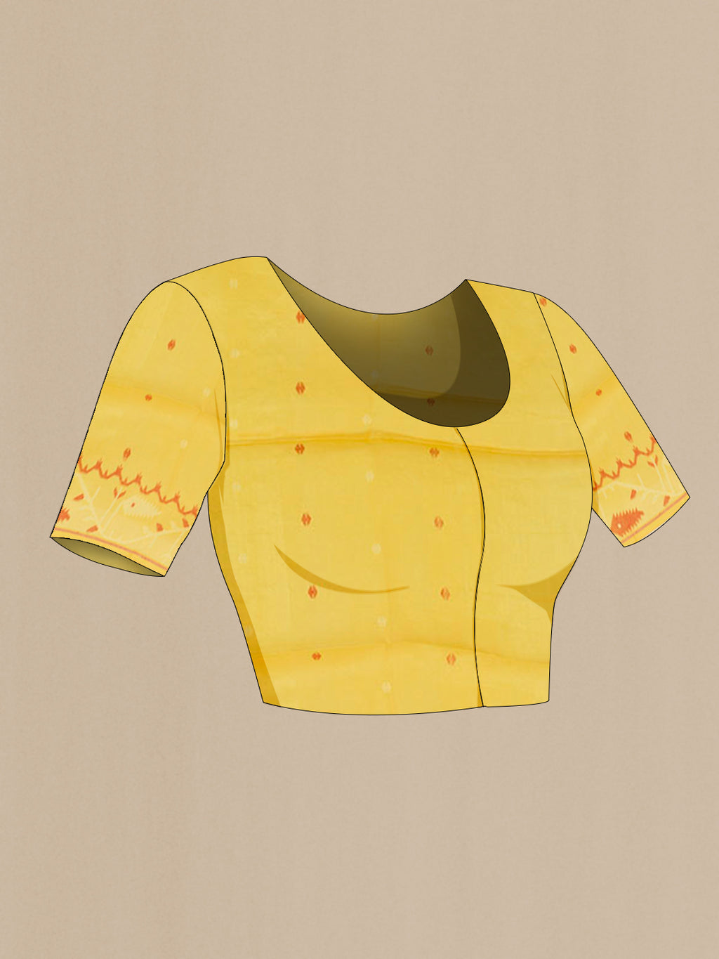 Close up image of the blouse of Yellow Tussar Saree with Thread Butta on the body and Embroidery Border. 
