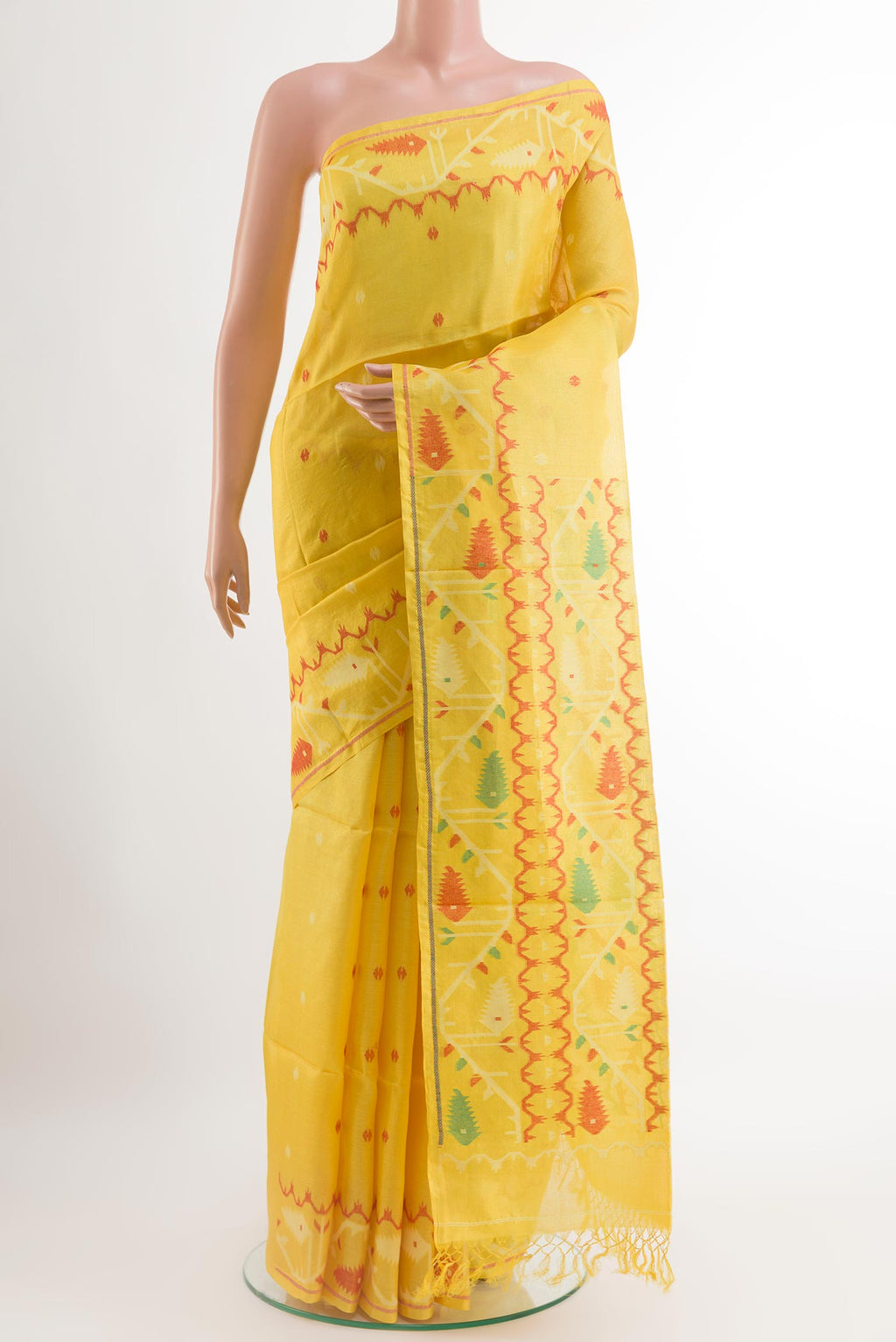 Yellow Tussar Saree with Thread Butta on the body and Embroidery Border.  displayed on a mannequin