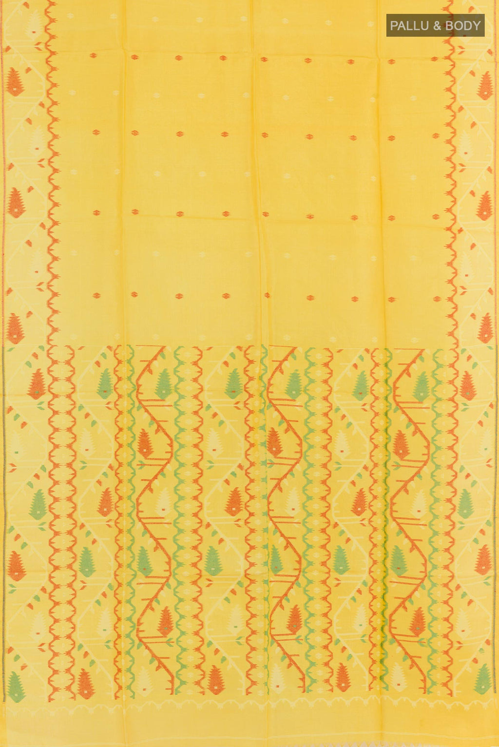 Flat view of Yellow Tussar Saree with Thread Butta on the body and Embroidery Border. 