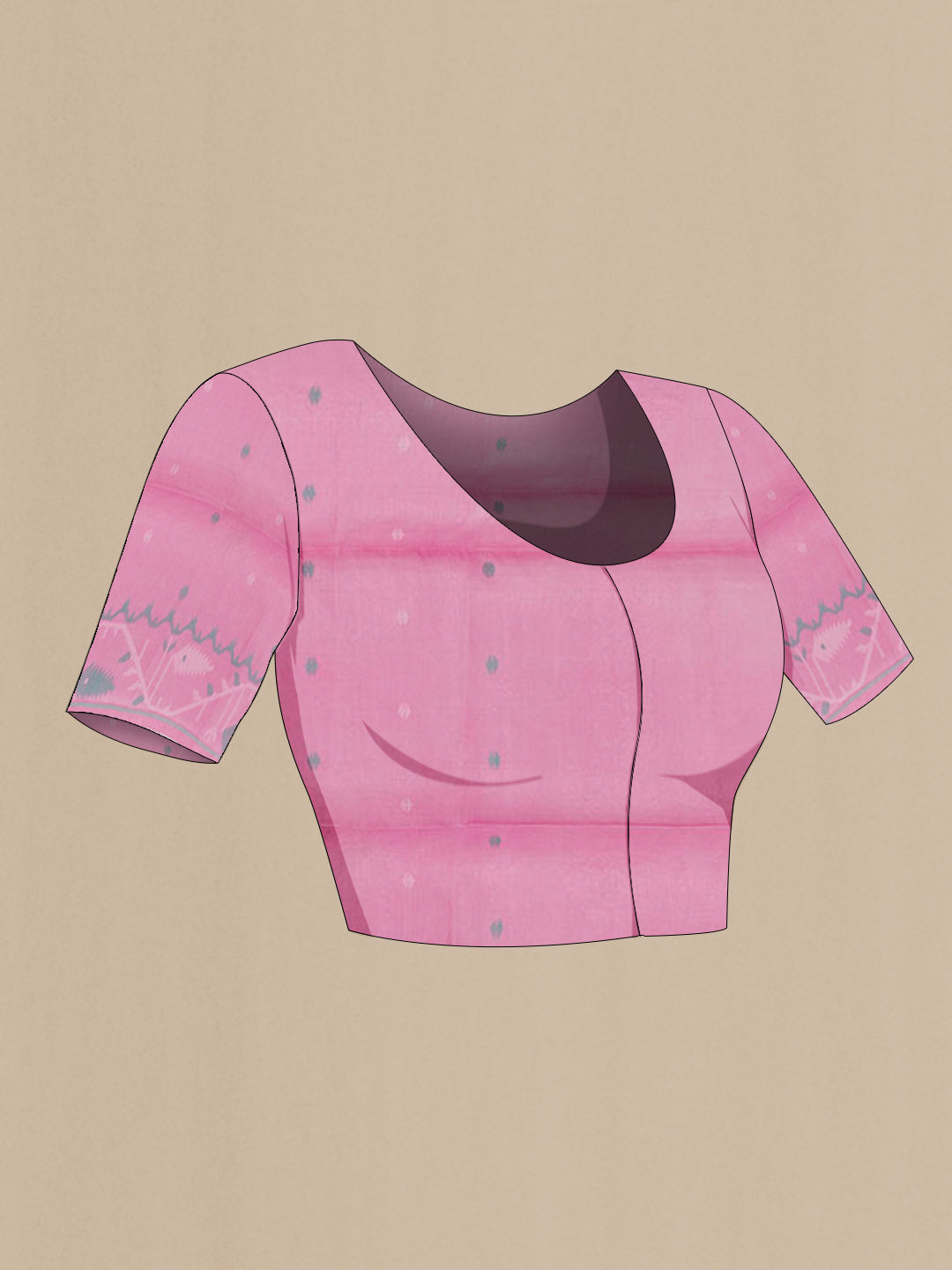 Close up image of the blouse of Pink Tussar Saree with Thread Butta on the body and Embroidery Border. 