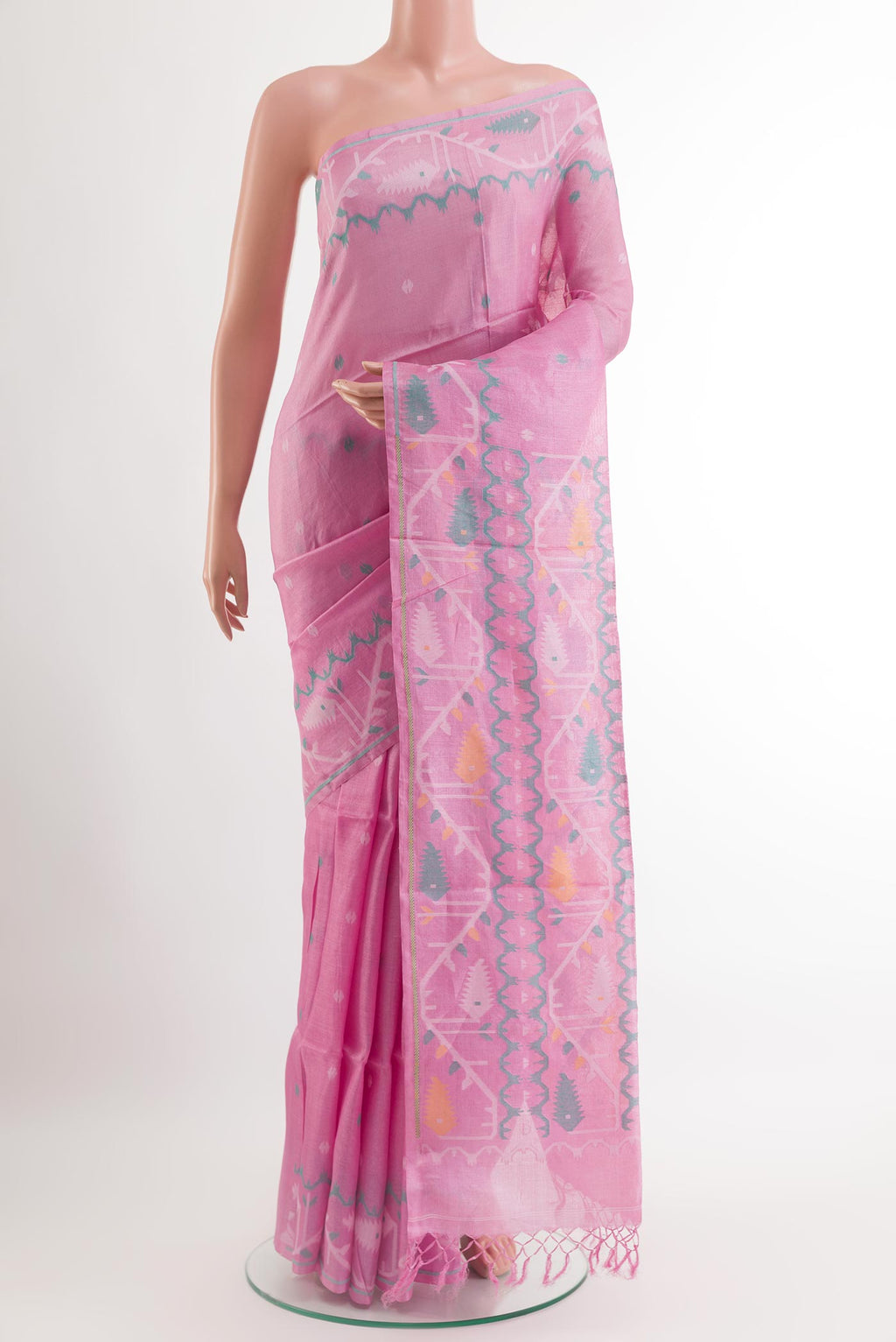Pink Tussar Saree with Thread Butta on the body and Embroidery Border.  displayed on a mannequin