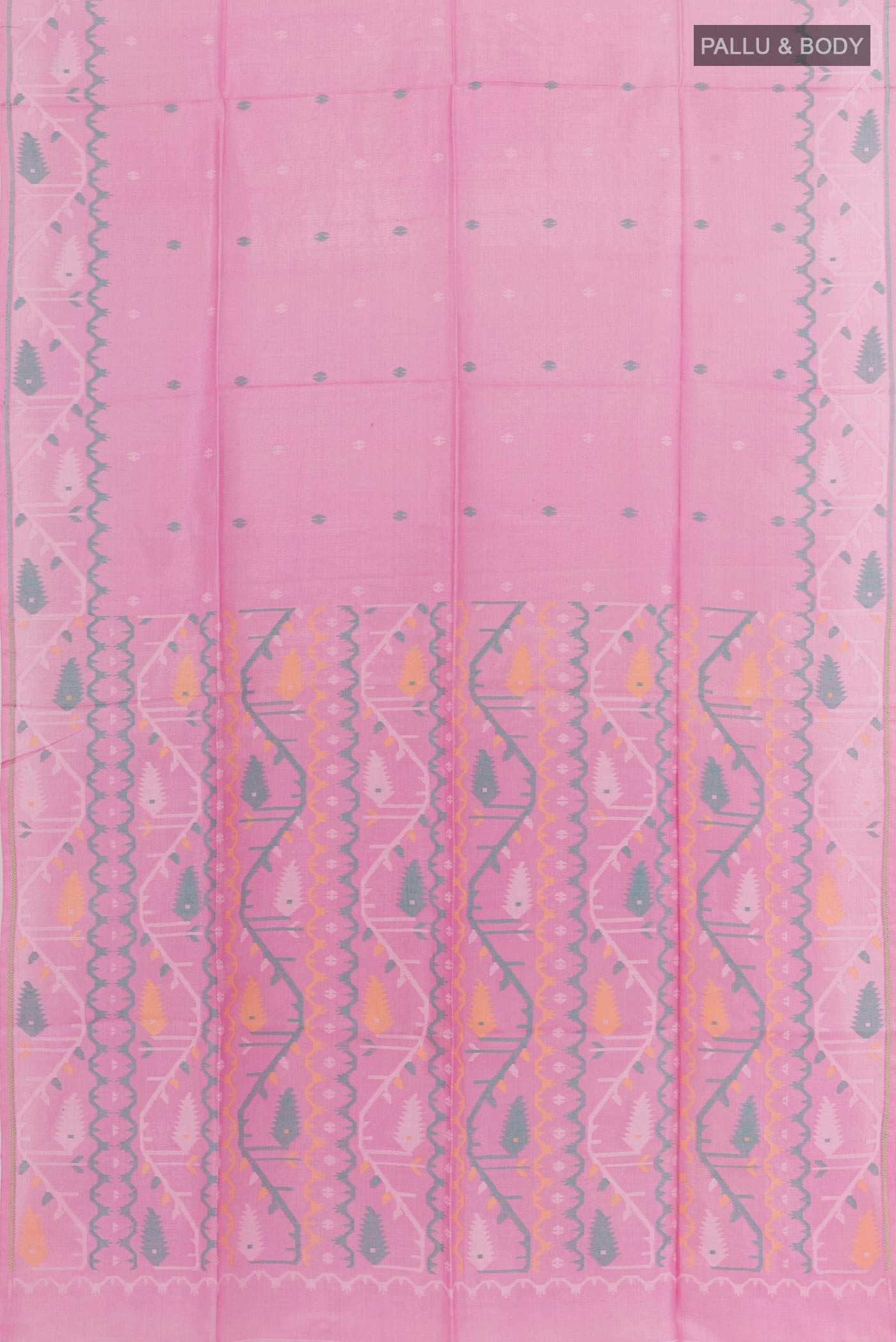 Flat view of Pink Tussar Saree with Thread Butta on the body and Embroidery Border. 
