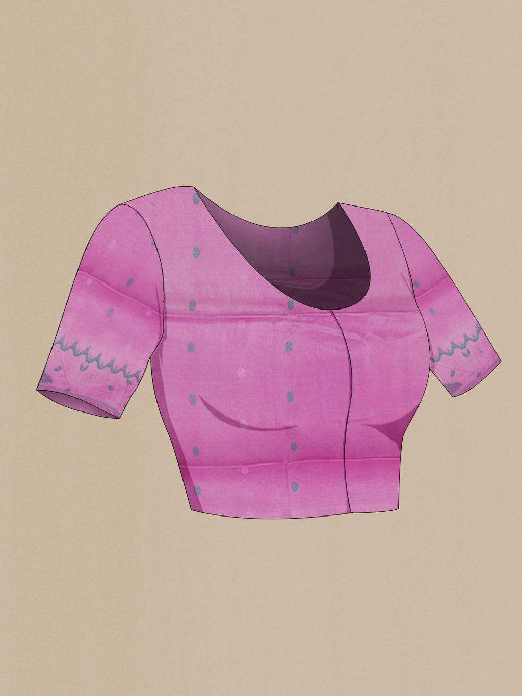 Close up image of the blouse of Lavender Tussar Saree with Thread Butta on the body and Embroidery Border. 