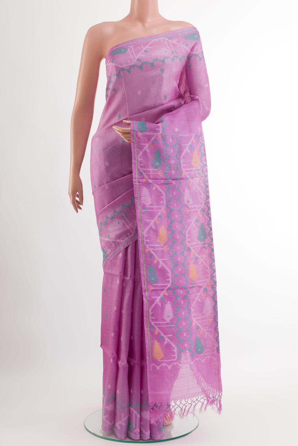Lavender Tussar Saree with Thread Butta on the body and Embroidery Border.  displayed on a mannequin