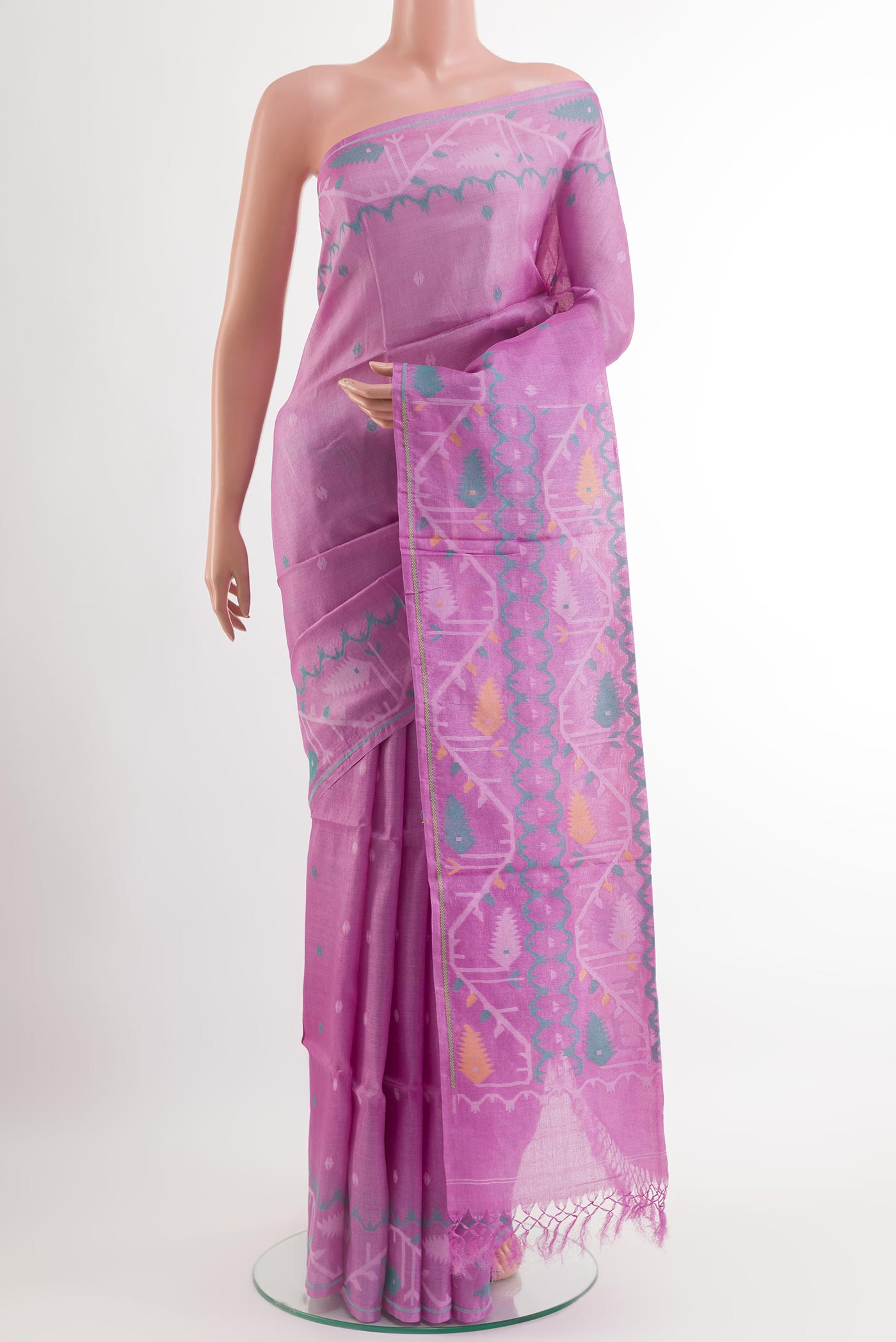 Lavender Tussar Saree with Thread Butta on the body and Embroidery Border.  displayed on a mannequin
