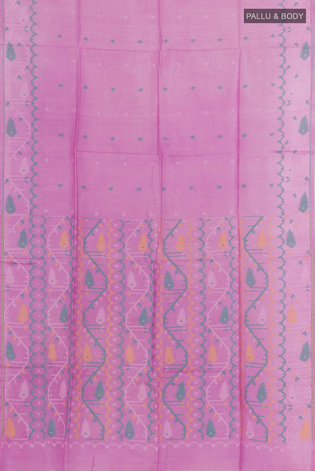 Flat view of Lavender Tussar Saree with Thread Butta on the body and Embroidery Border. 