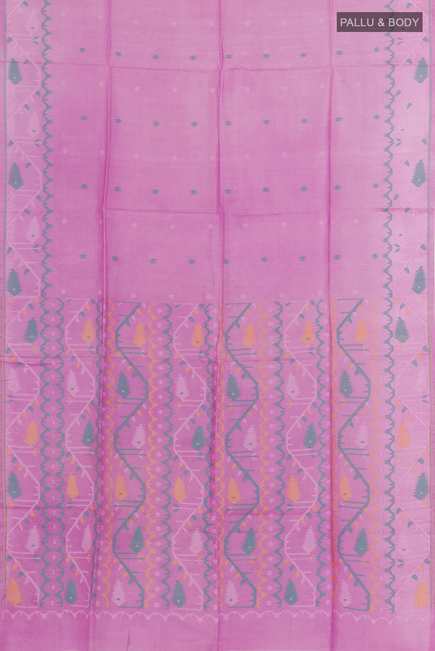 Flat view of Lavender Tussar Saree with Thread Butta on the body and Embroidery Border. 
