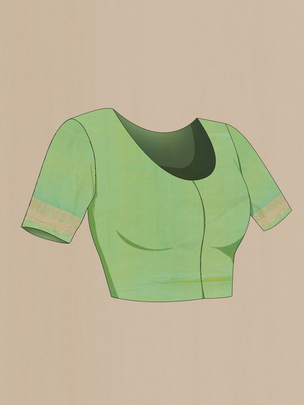 Close up image of the blouse of Green Banarasi Silk Saree with Zari Brocade on the body and Zari Border. 