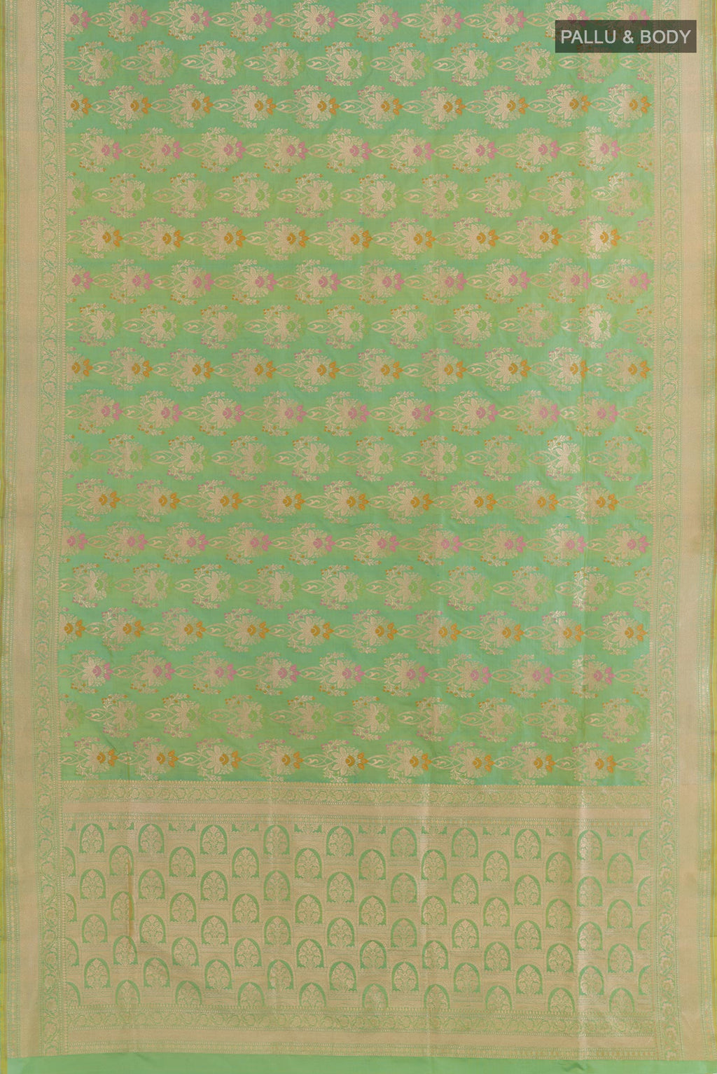 Flat view of Green Banarasi Silk Saree with Zari Brocade on the body and Zari Border. 