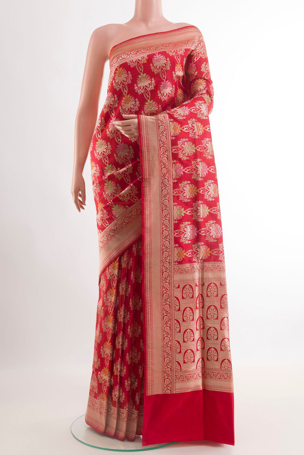Red Banarasi Silk Saree with Zari Brocade on the body and Zari Border.  displayed on a mannequin